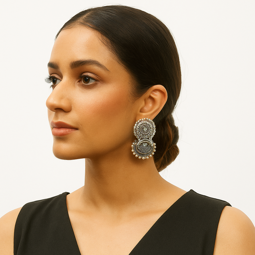 Royal Oxidized Silver Jhumkas with Pearls
