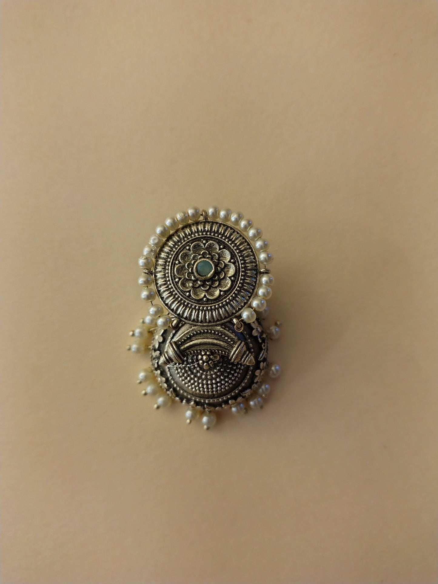 Royal Oxidized Silver Jhumkas with Pearls