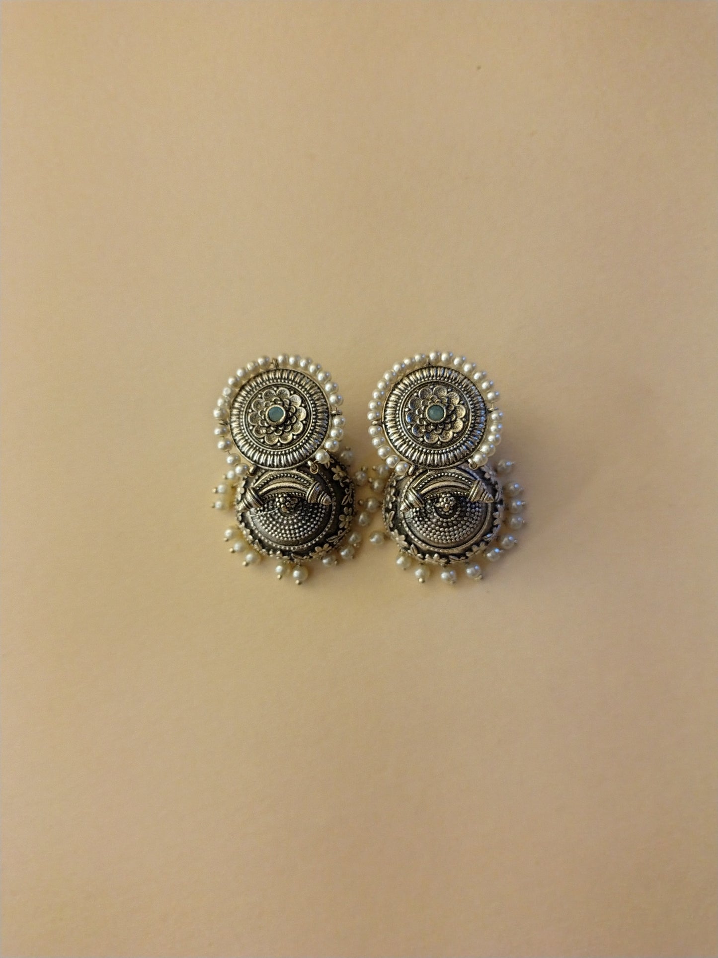 Royal Oxidized Silver Jhumkas with Pearls