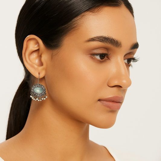 Traditional Red Kundan Earrings with Antique Silver Finish and Pearl Danglers