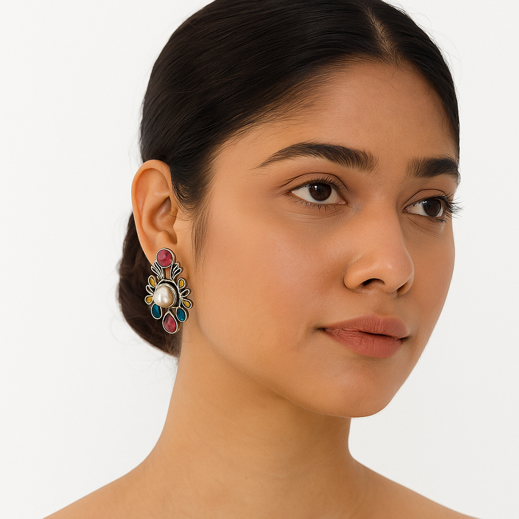Elegant Ruby-Tone Stud Earrings with Central Pearl Accent