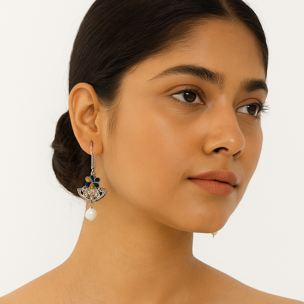 Elegant Handcrafted Oxidized Earrings with Enamel Work & Green Bead Drop