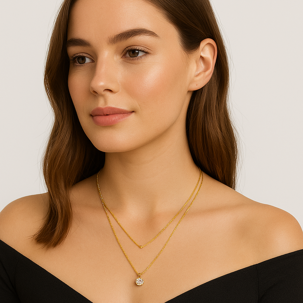 Radiant Layers Necklace – Dual Chain Gold Necklace with Solitaire Pendant for Women