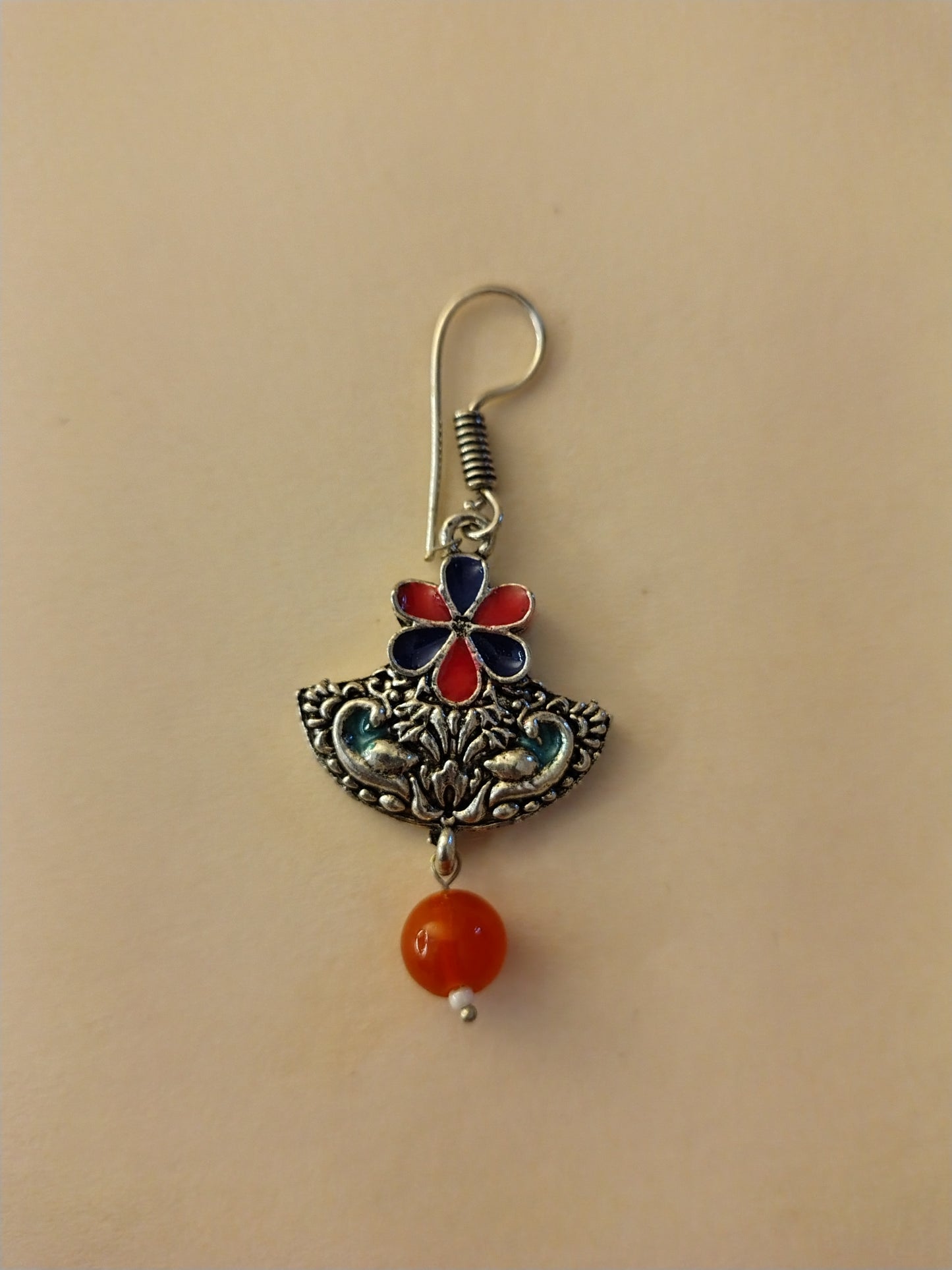 Elegant Handcrafted Oxidized Earrings with Enamel Work & Green Bead Drop