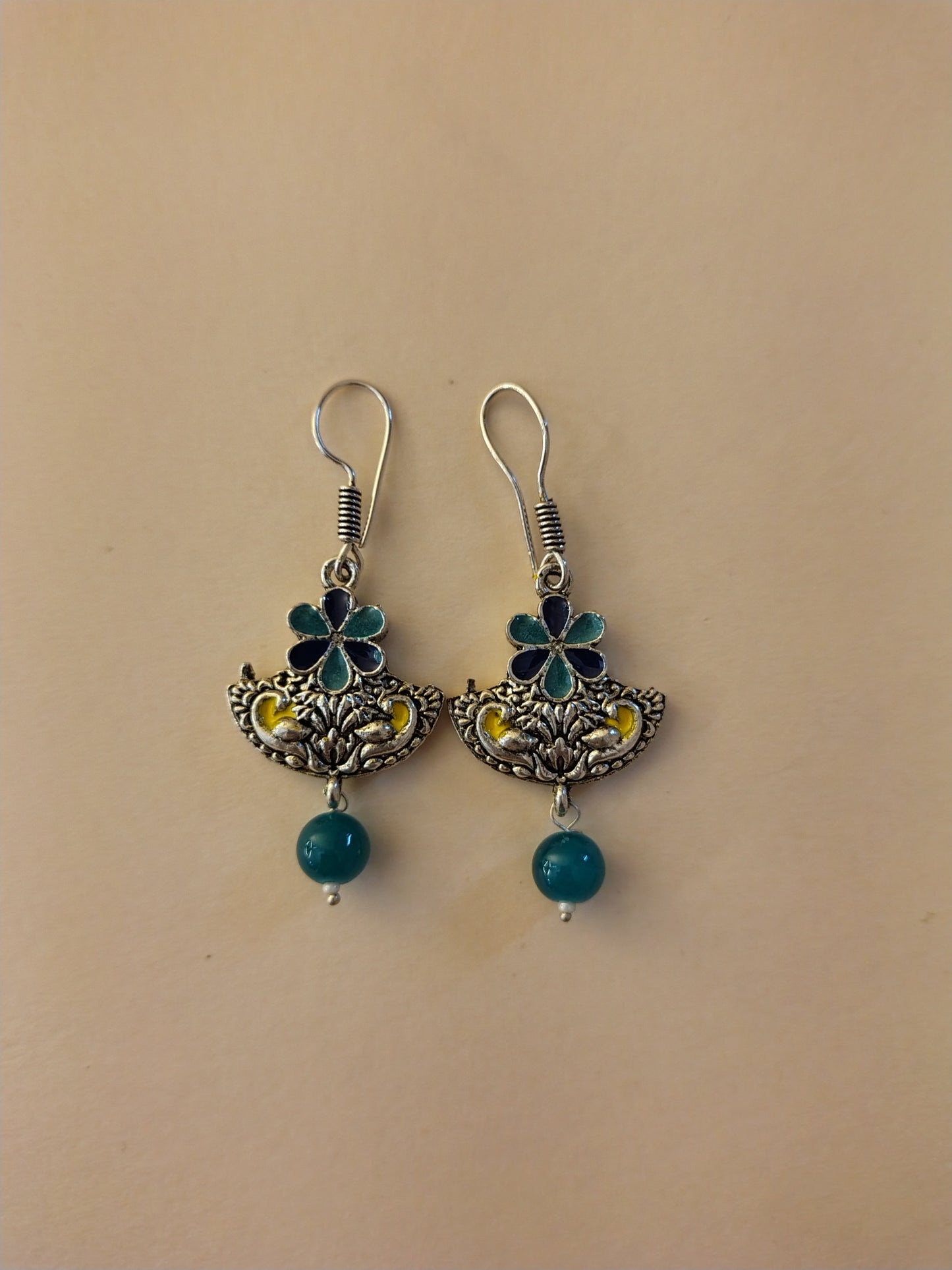Elegant Handcrafted Oxidized Earrings with Enamel Work & Green Bead Drop