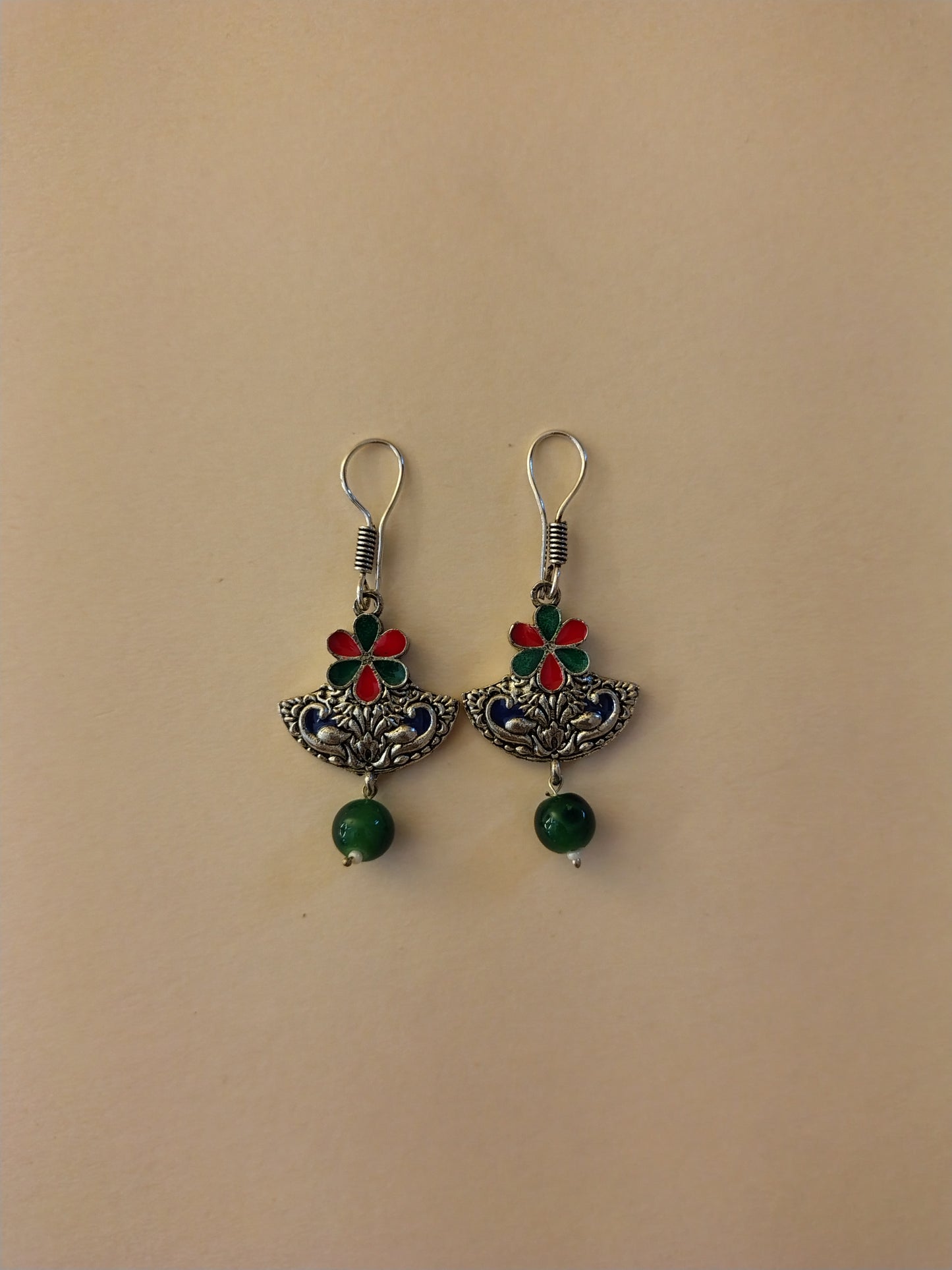 Elegant Handcrafted Oxidized Earrings with Enamel Work & Green Bead Drop