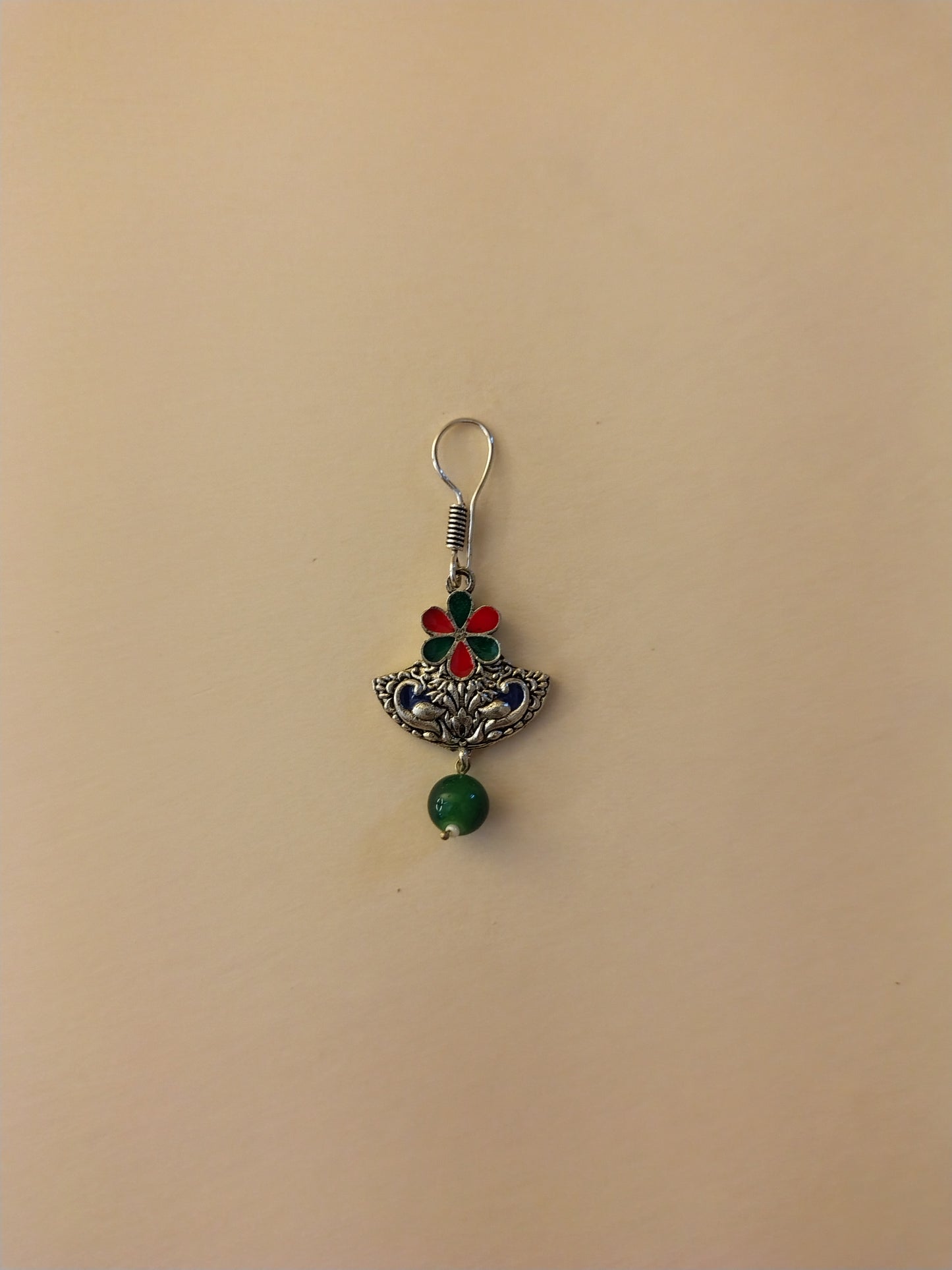 Elegant Handcrafted Oxidized Earrings with Enamel Work & Green Bead Drop
