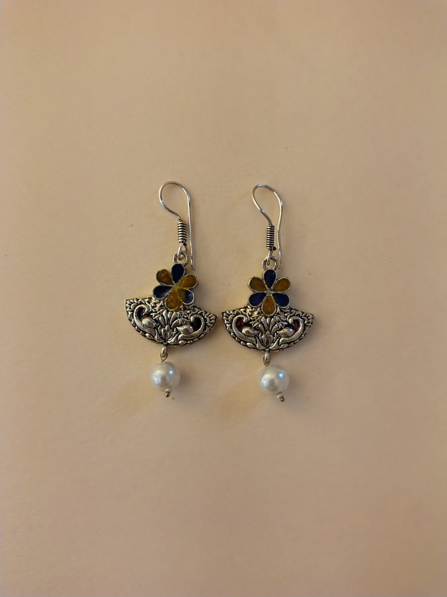 Elegant Handcrafted Oxidized Earrings with Enamel Work & Green Bead Drop