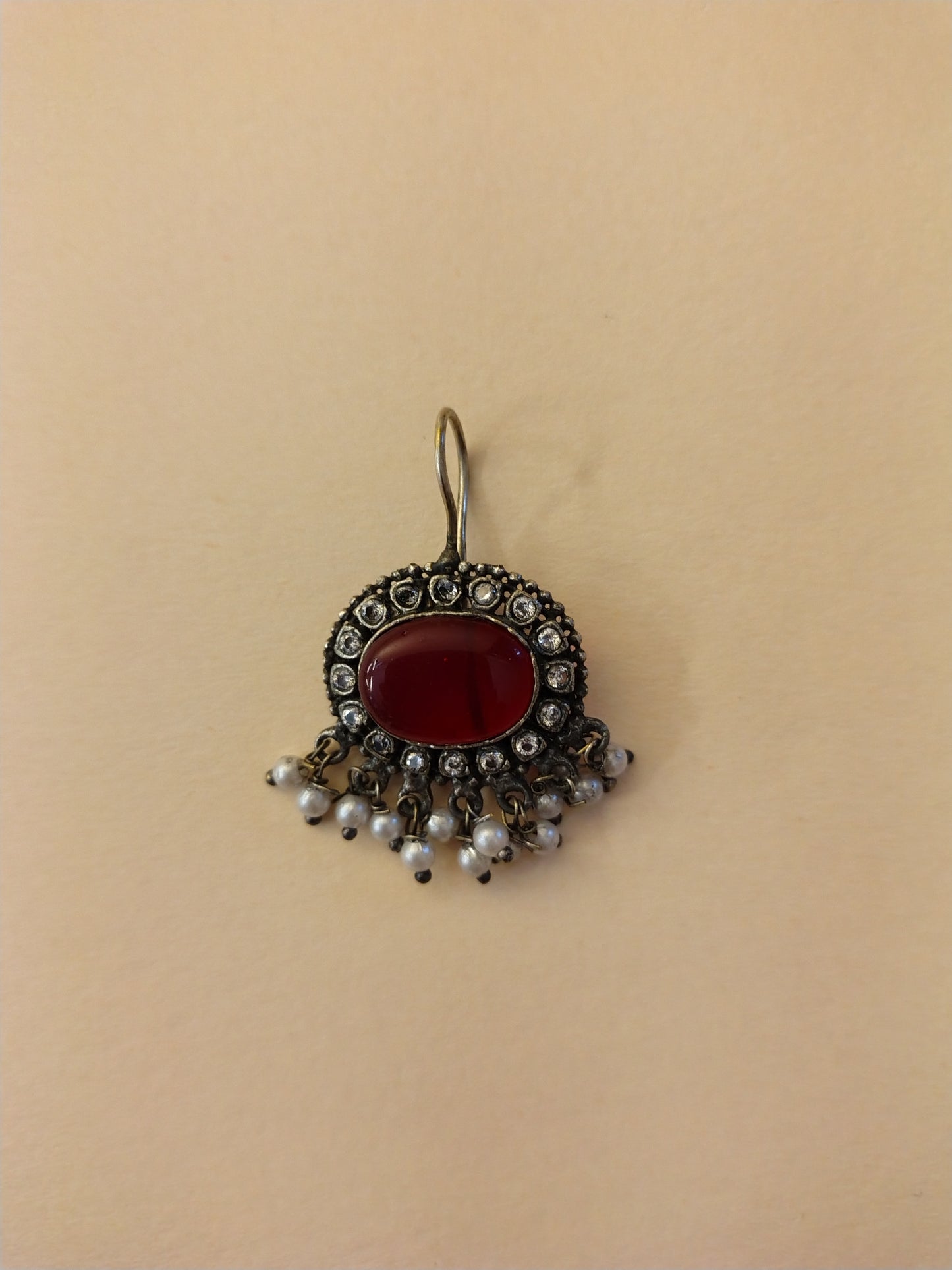 Traditional Red Kundan Earrings with Antique Silver Finish and Pearl Danglers