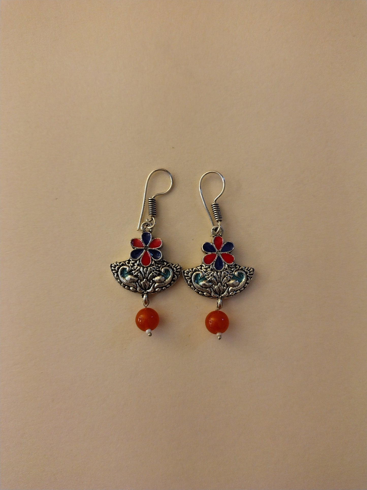 Elegant Handcrafted Oxidized Earrings with Enamel Work & Green Bead Drop