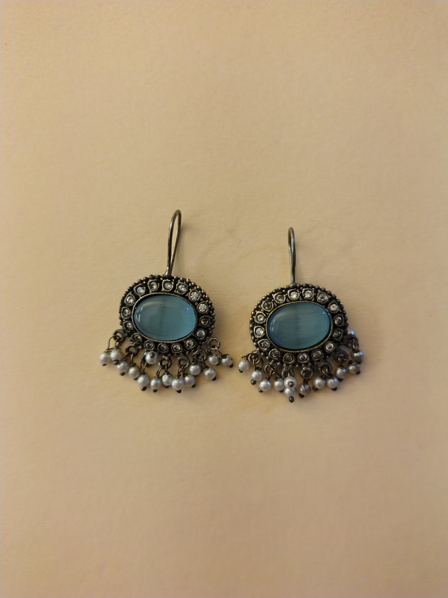 Traditional Red Kundan Earrings with Antique Silver Finish and Pearl Danglers