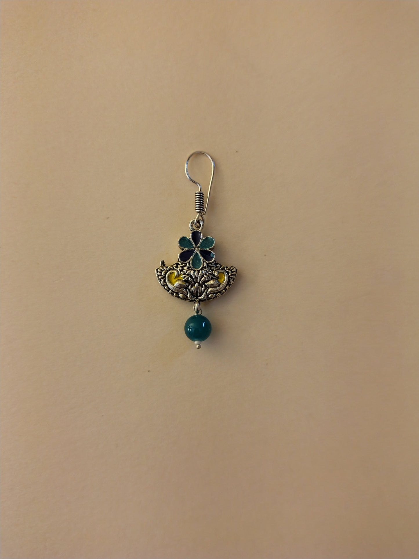 Elegant Handcrafted Oxidized Earrings with Enamel Work & Green Bead Drop
