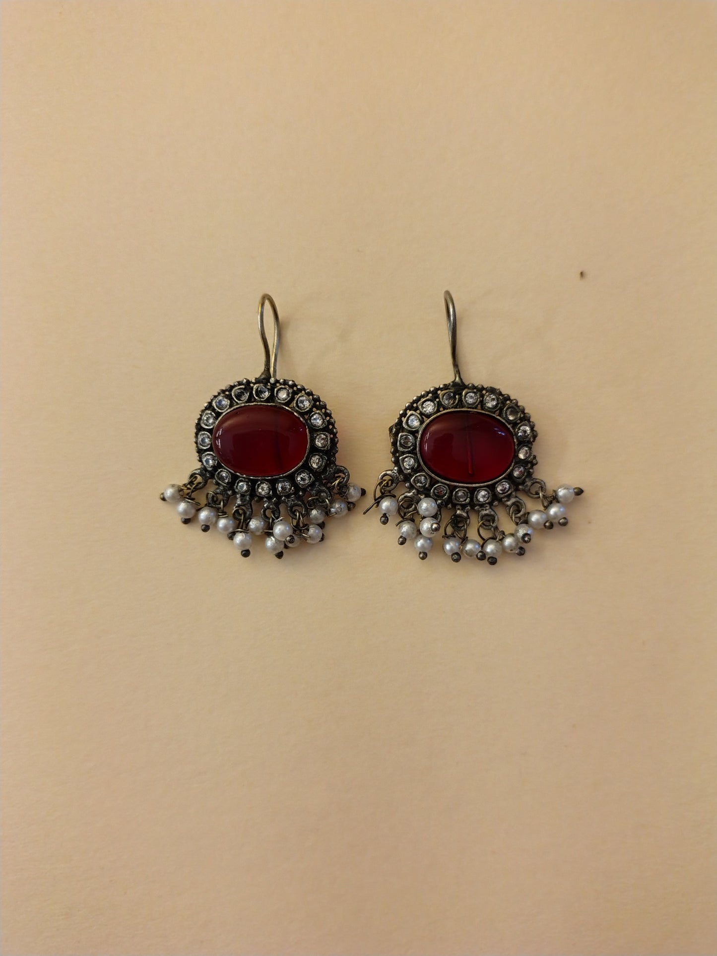Traditional Red Kundan Earrings with Antique Silver Finish and Pearl Danglers