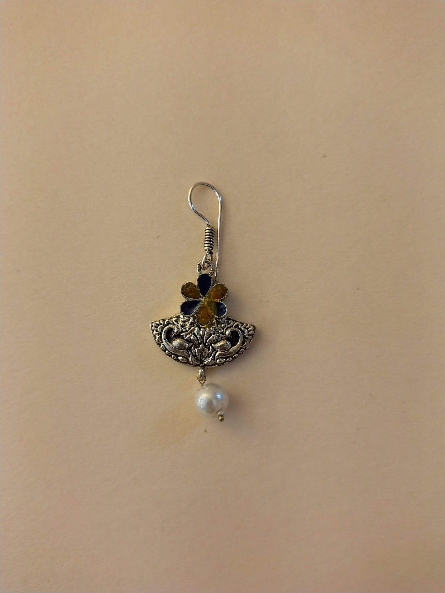 Elegant Handcrafted Oxidized Earrings with Enamel Work & Green Bead Drop